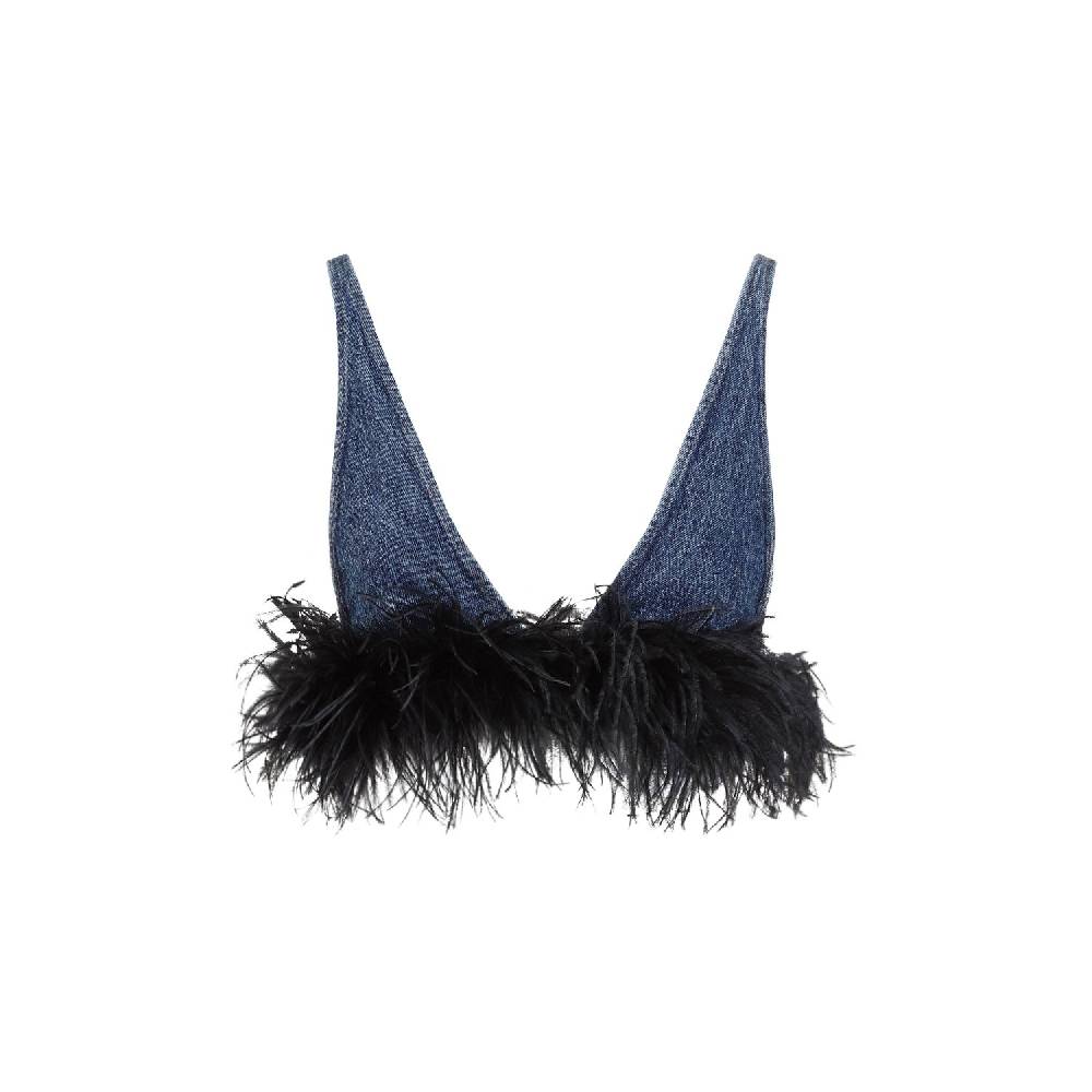 MIU MIU  Top di Cotone Blu con Piume Miu Miu